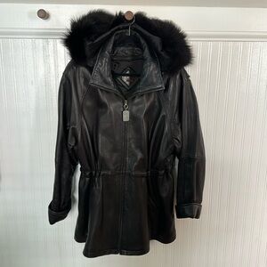 Tibor Women's Genuine Leather Cinch Waist, Removable Fur Hood